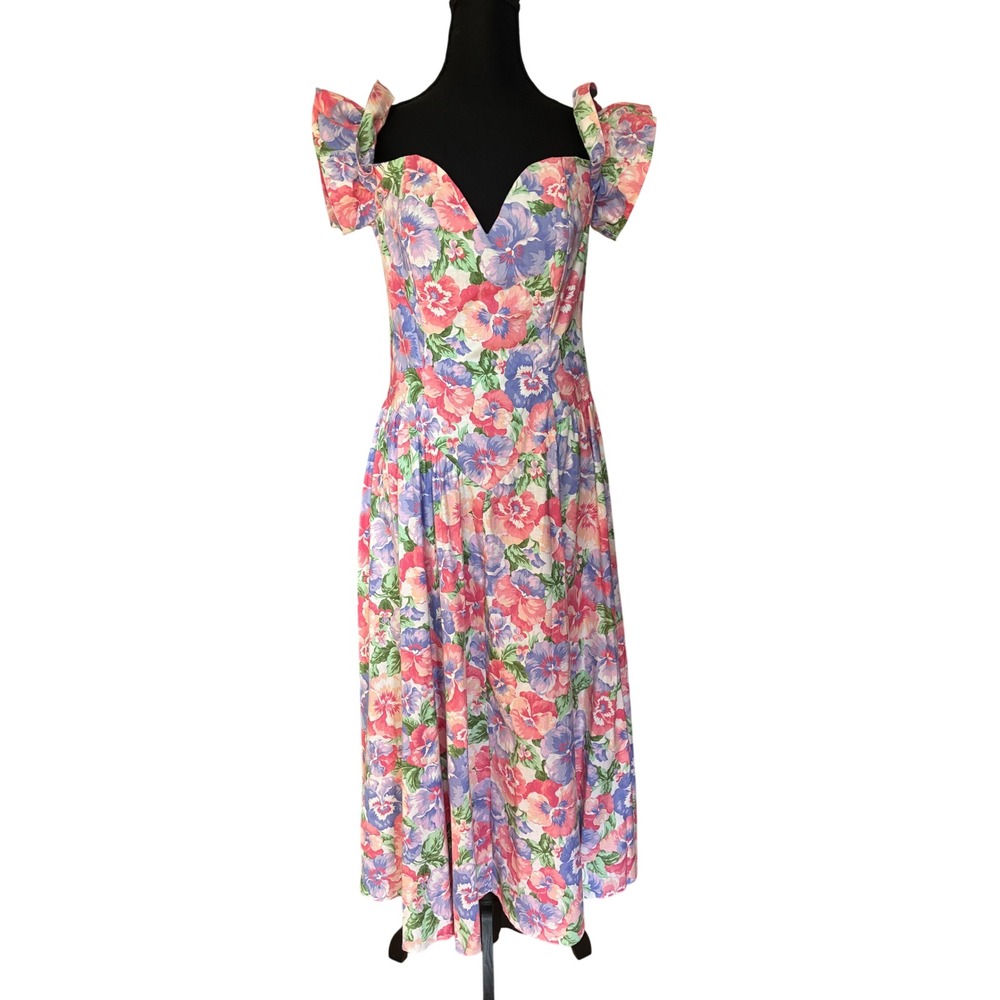 Vintage 80s EXPO Floral Midi Dress Pansy Print Ruffle Sleeve S 8 HOCO Pinup
